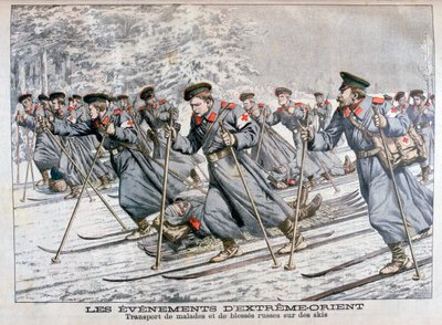 Sairaiden ja haavoittuneiden venäläisten joukkojen kuljettaminen suksilla, Venäjän-Japanin sota, 1904 tekijältä Unbekannt