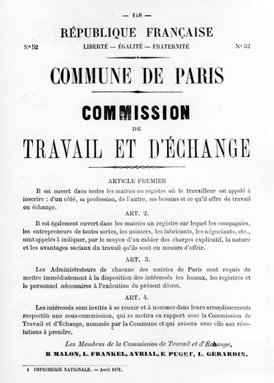 Travail et DEchange, Pariisin kommuunin ranskalaisista poliittisista julisteista, toukokuu 1871 tekijältä Unbekannt