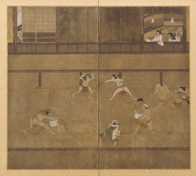 Kaksipaneelinen näyttö, joka kuvaa painijoita, Edo-kausi, 1600-luku. tekijältä Unbekannt