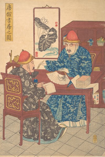 Kaksi kiinalaista tutkijaa, jotka harjoittavat kalligrafiaa studiossaan, n. 1840., tekijältä Unbekannt