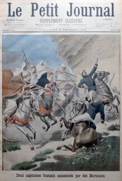 Marokkolaiset hyökkäsivät kahden ranskalaisen armeijan kapteenin kimppuun ja tappoivat Marokossa, 1902 tekijältä Unbekannt
