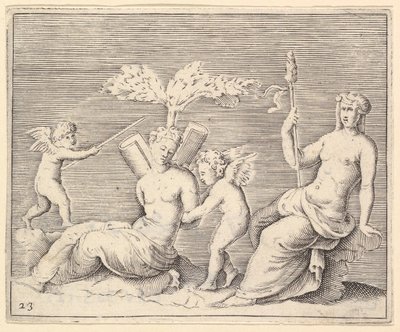 Two Women and Two Cupids, julkaistu n. 1599-1622. tekijältä Unbekannt