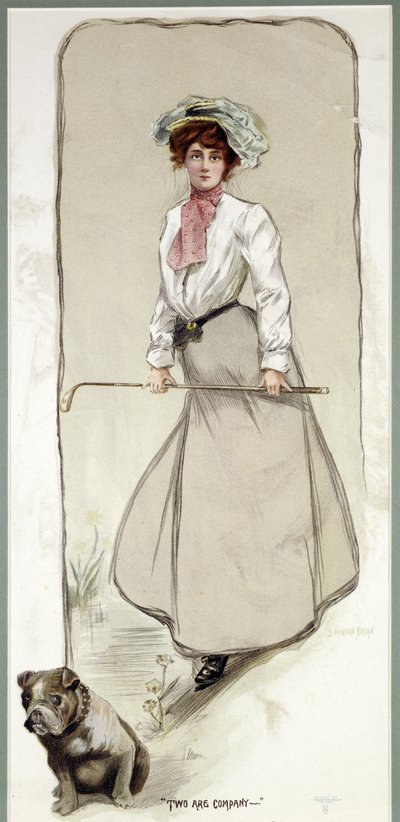 "Two are Company", nainen golfaaja koiransa kanssa, c1900 tekijältä Unbekannt