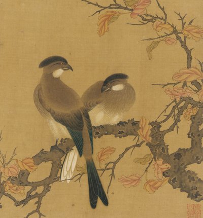 Kaksi harjalintua oksalla, syksyn lehdet, Qing-dynastia, 1700-luku. tekijältä Unbekannt