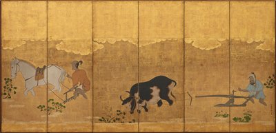 Kaksi maanviljelijää kyntämässä ja äestelemässä riisipeltoa, Edo-kausi, 1615-1868. tekijältä Unbekannt