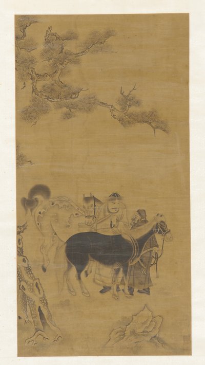 Kaksi miestä ja kaksi hevosta männyn alla, Qing-dynastia, 1700-luku. tekijältä Unbekannt