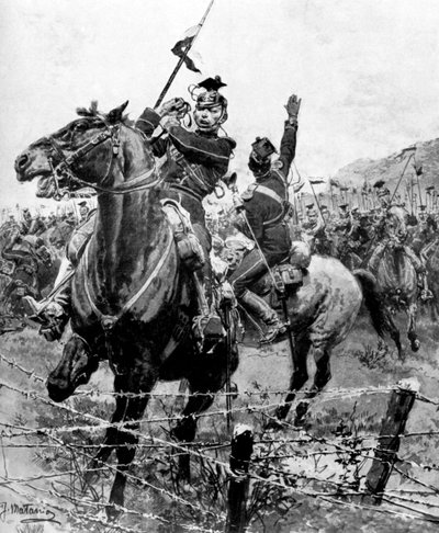 Uhlanit tarkastettiin piikkilangalla lähellä Liegeä Belgiassa, ensimmäinen maailmansota, 1914 tekijältä Unbekannt