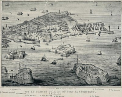 Näkymä ja suunnitelma saaresta ja Kronstadtin satamasta, n. 1850 tekijältä Unbekannt