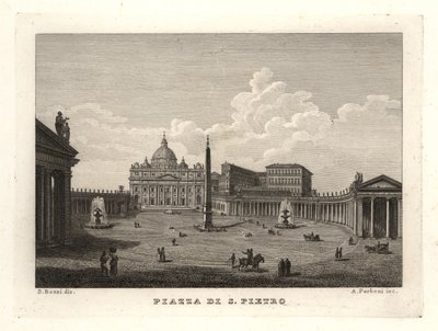Näkymä Pyhän Pietarin aukiolle, Piazza di S. Pietrolle, Pietarinkirkolle ja muinaiselle egyptiläiselle obeliskille tekijältä Unbekannt