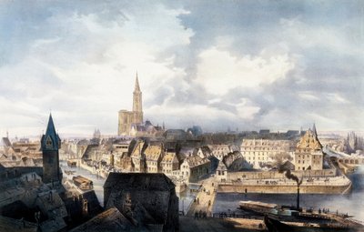 Näkymä Strasbourgiin (Ranska) Saint Guillaumen tornista. Litografia väreissä. tekijältä Unbekannt