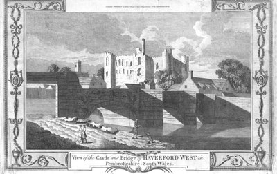 Näkymä Haverford Westin linnalle ja sillalle Pembrokeshiressä, 1700-luvun loppu tekijältä Unbekannt