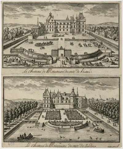 Näkymä Château de Maintenonin sisäänkäynnistä ja puutarhasta, 1600-luku. tekijältä Unbekannt