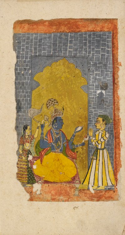 Vishnu valtaistuimelle prinssillisen palvojan kanssa seisomassa hänen edessään, 1700-1725 tekijältä Unbekannt