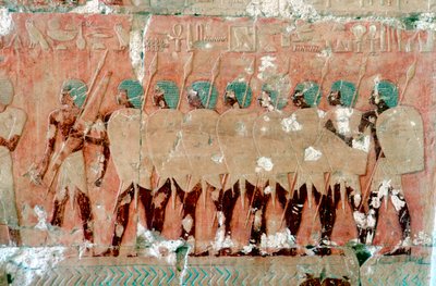 Seinämaalaus egyptiläisistä sotilaista tutkimusmatkalla, Kuningatar Hatshepsutin temppeli, Luxor, n. 1470 eaa. tekijältä Unbekannt