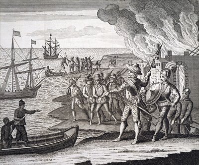Walter Raleigh valloittaa St. Josephin linnakkeen. tekijältä Unbekannt