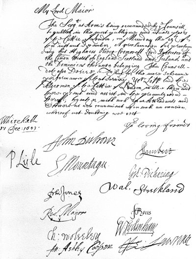 Valtioneuvoston määräys Lontoon lordipormestarille, jossa hän ja aldermenit osallistuvat Oliver Cromwellin julistamiseen Englannin, Skotlannin, Irlannin ja Dominioiden liittovaltion Lord Protectoriksi 19. joulukuuta tekijältä Unbekannt