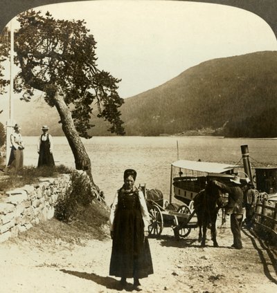 Kun järvihöyrylaiva saapuu Tinosetin laiturille - näkymä Tinsjon yli kukkuloille, Norja, c1905. tekijältä Unbekannt