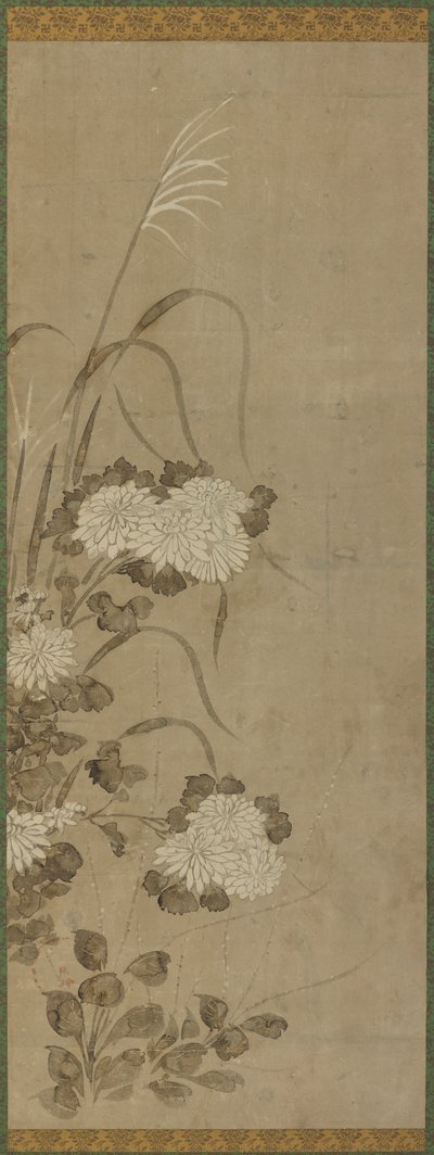 Valkoiset krysanteemit ja ruohot, Edo-kausi, 1615-1868. tekijältä Unbekannt