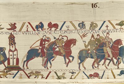 William johtaa armeijaansa Bretagnen herttua Conania vastaan, Bayeux Tapestry (villakirjonta pellavalle) tekijältä Unbekannt