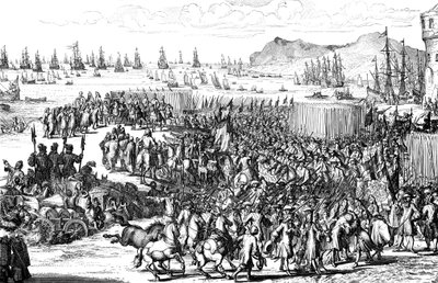 William of Orange laskeutui maihin armeijansa kanssa Torbayssa Devonissa 5. marraskuuta 1688 tekijältä Unbekannt