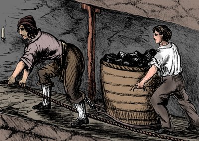 Nainen ja poika työskentelevät hiilikaivoksessa Boltonissa, Lancashiressa, 1848 tekijältä Unbekannt
