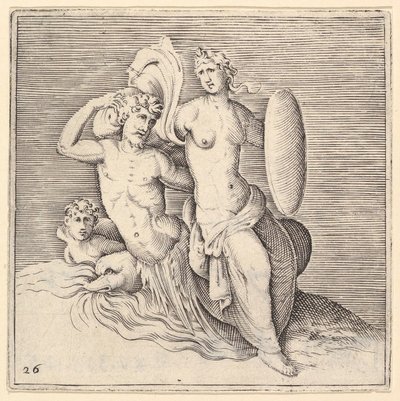 Woman with Shield Seated on Seamonster, julkaistu n. 1599-1622. tekijältä Unbekannt