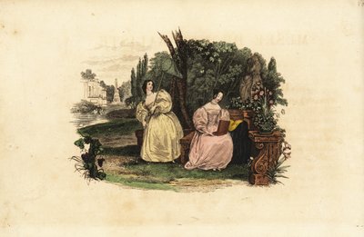 Naishyönteistutkijat pyydystävät perhosia puutarhassa, 1800-luvun puoliväli tekijältä Unbekannt