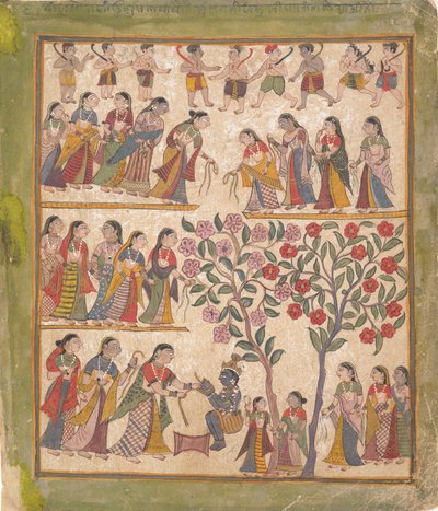 Yashoda sitoo krishnan kädet: Sivu hajallaan olevasta Bhagavata Purana Manuscript -käsikirjoituksesta, 1640-50. tekijältä Unbekannt