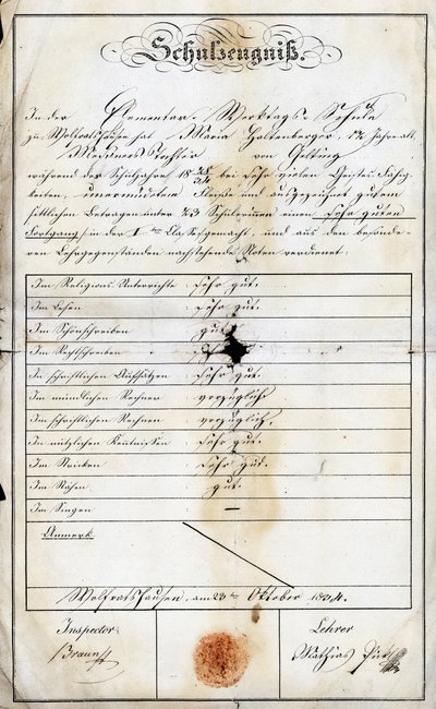 Oppilaan (Monika Haltenberger, sakristinin tytär) peruskoulun sunnuntain kouluraportti, päivätty 24. syyskuuta 1840, Academie de Geretsried, Haute Baviere, Saksa, Eurooppa tekijältä Unbekannt