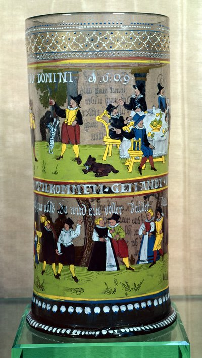 Saksalainen emaloitu Humpen, päivätty 1609, koristeltu juhlakohtauksilla tekijältä Unbekannt Unbekannt