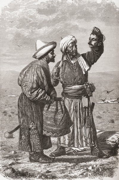 Afganistanin sotilas pitelee vihollisensa katkaistua päätä, kuvitus teoksesta "Maailma käsissä", kaiverrettu Gauchard ja Charles Barbant (k.1922), julkaistu 1878 tekijältä Unbekannt Unbekannt