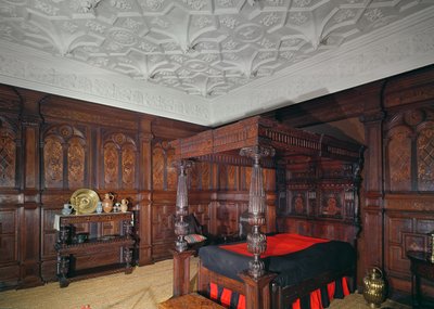 Sänky upotekoristeella, 1593, Corbet Castle, Shrewsbury, panelointi Sizergh Castlesta, Cumbria tekijältä Unbekannt Unbekannt