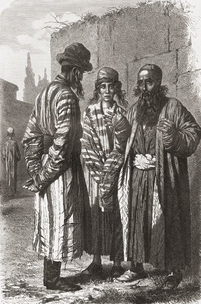 Uzbekistanin pääkaupungin Taškentin juutalaiset, kuvitus teoksesta "Maailma käsissä", kaiverrus Charles Laplante (k.1903), julkaistu 1878 tekijältä Unbekannt Unbekannt