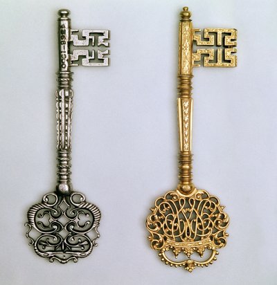 Näppäimet vasemmalta oikealle: seremoniallinen Chamberlain-design, jossa on kuninkaallinen salakirjoitus, kullattu 1700-luvun alun. Teräs 1700-luvulta tekijältä Unbekannt Unbekannt