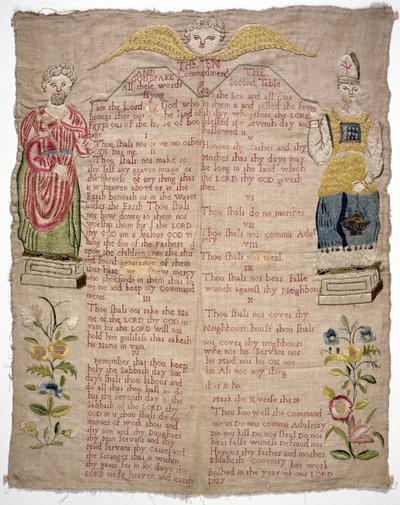 Sampler, kuvaa kymmentä käskyä, kirjoittanut Elizabeth Coventry, Englanti, 1727 (värilliset silkit pellavan päällä) tekijältä Unbekannt Unbekannt