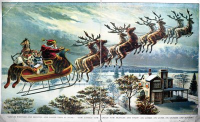 Joulupukin ensimmäinen retki reen ja poron kanssa, Clement Clarke Mooren (1779-1863) kuva Pyhän Nikolauksen vierailusta tekijältä Unbekannt Unbekannt