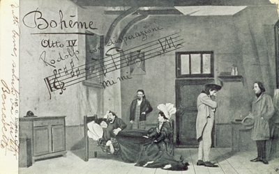 Kohtaus oopperan "La Boheme" IV näytöksestä, kirjoittanut Giacomo Puccini (1858-1924) (bw kuva) tekijältä Unbekannt Unbekannt
