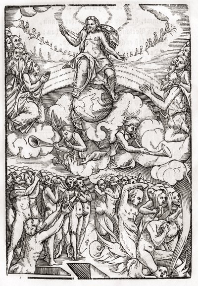 Viimeinen tuomio, joka perustuu Hans Holbein (149798-1543) nuoremman puupiirroksiin Der Todten Tanzista, julkaistu Baselissa, 1843 tekijältä Unbekannt Unbekannt
