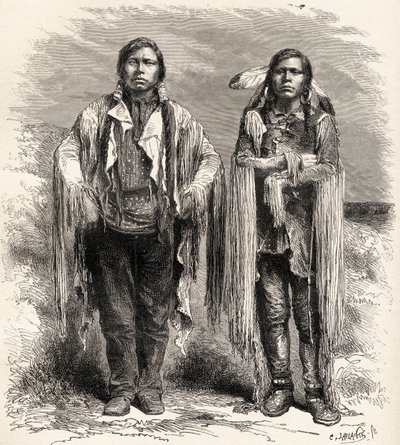 Kaksi ute-intiaania, kuvitus Charles Laplanten (k.1903) kaiverruksesta "Maailma käsissä", julkaistu 1878. tekijältä Unbekannt Unbekannt