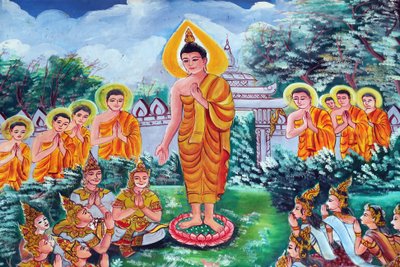 20151029, Vientiane, Laos : Wat Inpengin buddhalainen temppeli. Shakyamuni Buddhan elämäntarinaa kuvaava maalaus tekijältä Unbekannt
