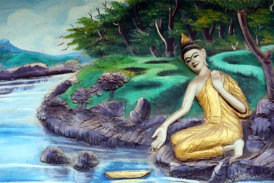 20151029, Vientiane, Laos : Wat Inpengin buddhalainen temppeli. Shakyamuni Buddhan elämäntarinaa kuvaava maalaus. Uiminen joessa tekijältä Unbekannt