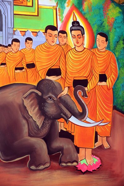 20151029, Vientiane, Laos : Wat Si Muang (Simuong) buddhalainen temppeli. Shakyamuni Buddhan elämäntarinaa kuvaava maalaus. Villi norsu, jota rakastava ystävällisyys kesyttää tekijältä Unbekannt
