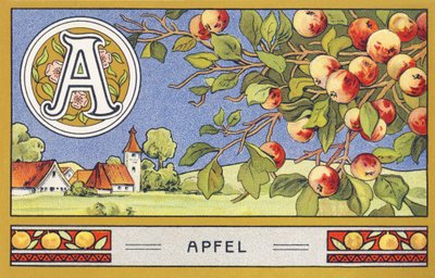 V: Apple - Alphabet Palmine. Kromolitografioiden sarja, toimittajina H. Schlinck & Cie, Hamburg, s. d. . Mainos Palminin hienoimmasta kookosöljystä. Mitat: 7 x 11 cm tekijältä Unbekannter Künstler