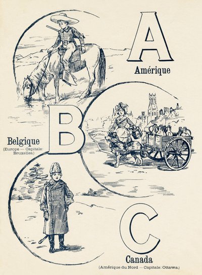 A B C: Amerikka, Belgia, Kanada - kahden maailman ABC. Emile Guerin, kustantaja, Pariisi, noin 1900. Mitat: 27,5 x 21,5 cm tekijältä Unbekannt