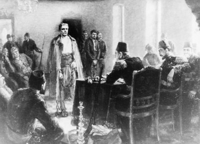 Kalina Tassevan maalaus, joka esittää Bulgarian vallankumouksellista Vasil Levskkiä Ottomaanien valtakunnan tuomioistuimen edessä tekijältä Unbekannt