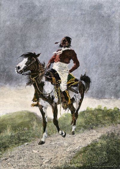 Rohkea komansseja, jotka matkustavat hevosen selässä eteläisillä preerioilla (Texas, Oklahoma, Yhdysvallat) noin vuonna 1800. Litografia tekijältä Unbekannter Künstler