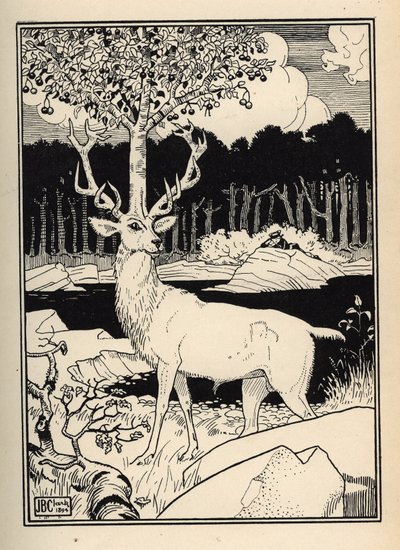 Kirsikkapuu hirven päässä, jota kirsikoiden keihäiden kivet koskettivat Baron de Munchausen. Kuvitus William Strang (1859-1921) ja JB Clark Rudolf Erich Raspen teoksesta Munchausenin (Munchhausenin) paronin seikkailut (1736- tekijältä Unbekannt