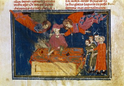 Ryhmä heikkokuntoisia ihmisiä ja herra, joka tekee laupeudentyötä antamalla heille apua. Miniatyyri on peräisin teoksesta "The Works of Merciord" (ms. II, VI tekijältä Unbekannter Künstler