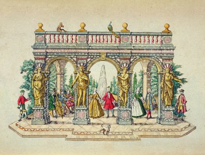 Musiikkijuhlat lehtimajassa, 1700-luvun puoliväli (värillinen kaiverrus) tekijältä Unbekannt