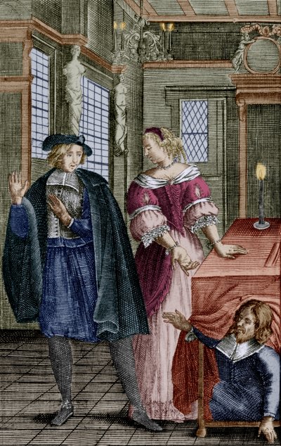 Kohtaus Molieren näytelmästä "Tartuffe" (1664), jossa Orgon (pöydän alla), Elmire, hänen vaimonsa, ja Tartuffe, kaiverrus. tekijältä Unbekannter Künstler